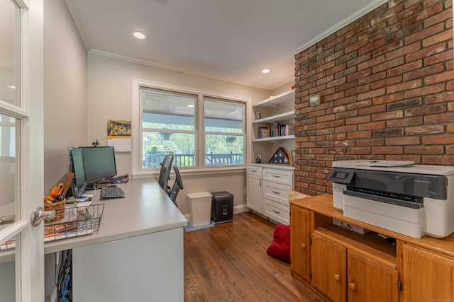 office area featuring ornamental molding and dark wood-style flooring