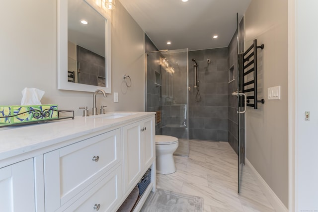 full bathroom with toilet, vanity, a tile shower, recessed lighting, and marble finish flooring