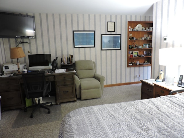 bedroom featuring carpet, baseboards, and wallpapered walls