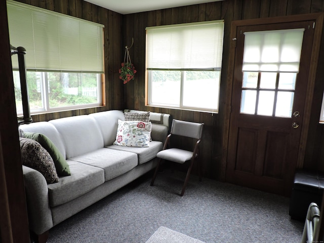 living area with wooden walls, a wealth of natural light, and carpet floors