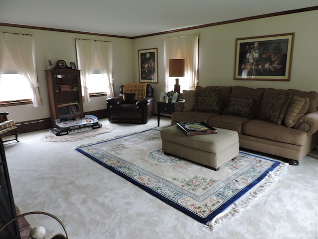 carpeted living area with ornamental molding
