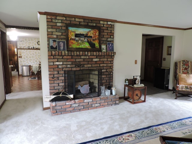 17 Broad Brook Rd, East Windsor, CT 06016 - carpeted living room with ornamental molding, a fireplace, and baseboards