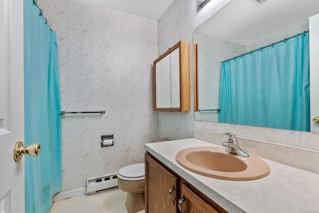 full bathroom with baseboard heating, wallpapered walls, toilet, and vanity
