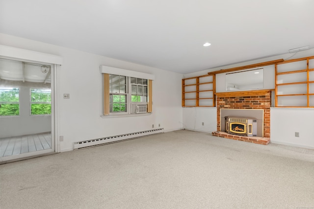 unfurnished living room with a baseboard radiator, carpet floors, a brick fireplace, cooling unit, and recessed lighting