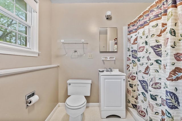 full bath with baseboards, toilet, curtained shower, vanity, and tile patterned flooring