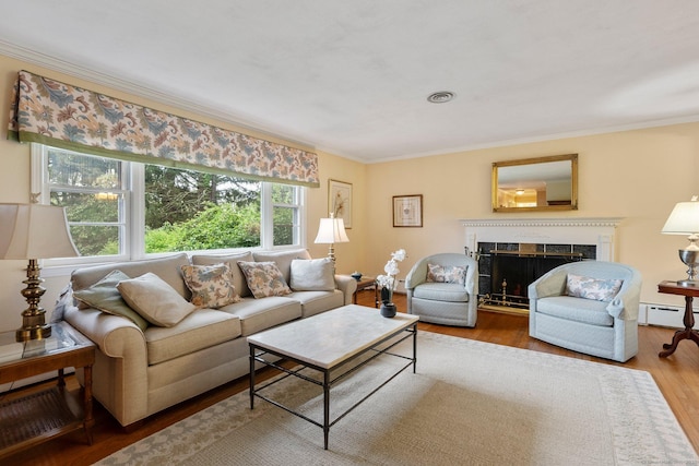 living area with a baseboard heating unit, crown molding, wood finished floors, and a high end fireplace