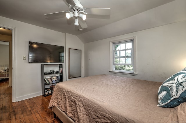 172 Alden St, Fairfield, CT 06824 - bedroom featuring dark wood-style flooring, baseboards, lofted ceiling, and ceiling fan