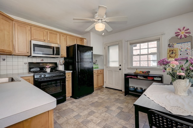 172 Alden St, Fairfield, CT 06824 - kitchen featuring black appliances, decorative backsplash, light countertops, ceiling fan, and light brown cabinets