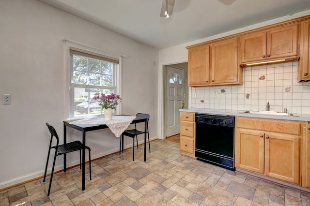 172 Alden St, Fairfield, CT 06824 - kitchen featuring black dishwasher, decorative backsplash, light countertops, stone finish flooring, and a sink
