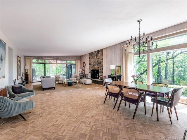 95 Shinar Mountain Rd, Washington, CT 06794 - dining space featuring wooden walls and a chandelier