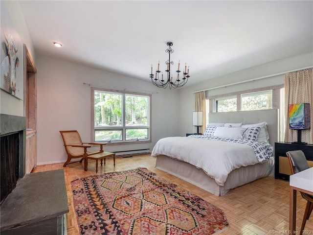 95 Shinar Mountain Rd, Washington, CT 06794 - bedroom featuring multiple windows, a chandelier, a fireplace, and a baseboard radiator