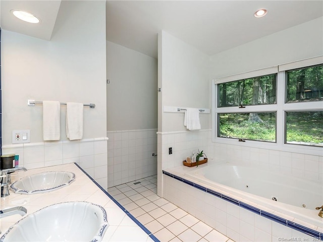 95 Shinar Mountain Rd, Washington, CT 06794 - full bathroom with a sink, a tub with jets, tile walls, and recessed lighting