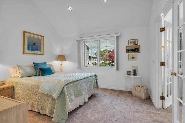 bedroom featuring lofted ceiling, carpet flooring, recessed lighting, and baseboards