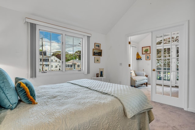 bedroom featuring carpet, vaulted ceiling, and multiple windows