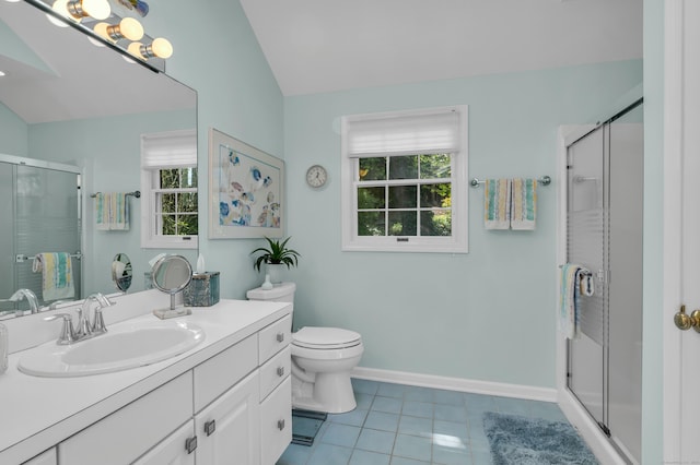full bathroom with healthy amount of natural light, tile patterned flooring, a shower stall, lofted ceiling, and vanity