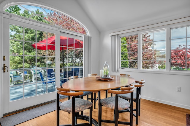 dining room featuring lofted ceiling and light wood-style floors