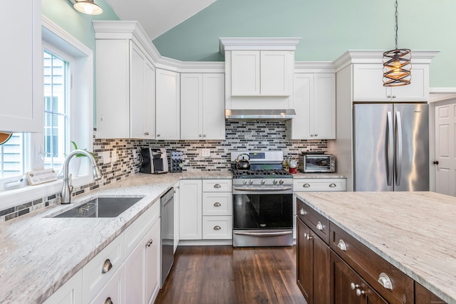 4 Aunt Park Ln, Newtown, CT 06470 - kitchen with stainless steel appliances, a sink, white cabinets, dark brown cabinets, and lofted ceiling