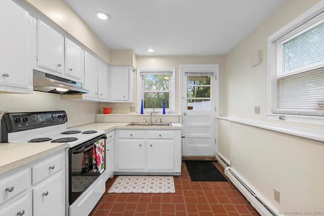 kitchen with a sink, a baseboard heating unit, under cabinet range hood, white cabinets, and white electric range