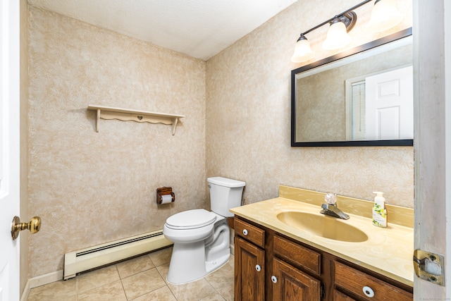 bathroom featuring a baseboard radiator, tile patterned floors, toilet, and vanity