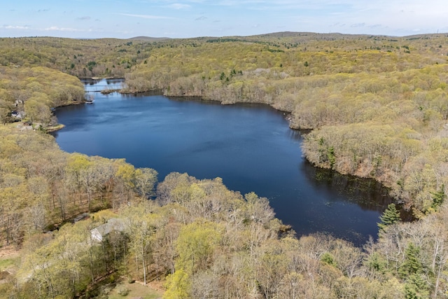 drone / aerial view of a heavily wooded area and a nearby body of water