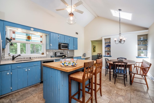 440 Huckleberry Hill Rd, Avon, CT 06001 - kitchen featuring blue cabinets, appliances with stainless steel finishes, a sink, a skylight, and high vaulted ceiling
