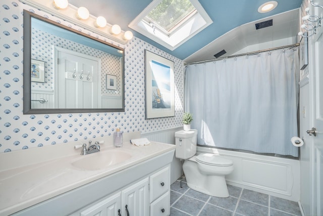 440 Huckleberry Hill Rd, Avon, CT 06001 - bathroom featuring wallpapered walls, vaulted ceiling, vanity, toilet, and tile patterned floors