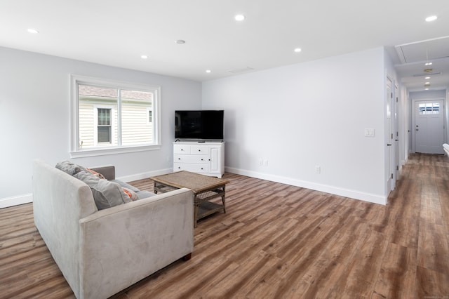 24 Sea Crest Ave, East Lyme, CT 06357 - living area with attic access, wood finished floors, baseboards, and recessed lighting