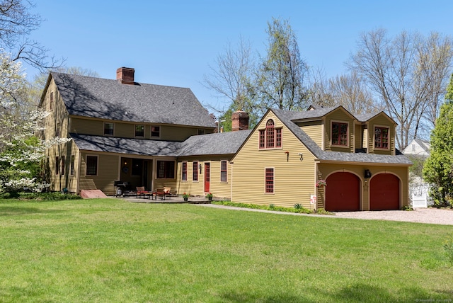 1696 Main St, Glastonbury, CT 06033 - view of front facade featuring roof with shingles, a chimney, a front yard, and gravel driveway