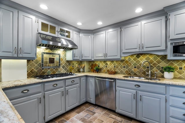 1696 Main St, Glastonbury, CT 06033 - kitchen with a sink, stainless steel appliances, tasteful backsplash, under cabinet range hood, and gray cabinetry