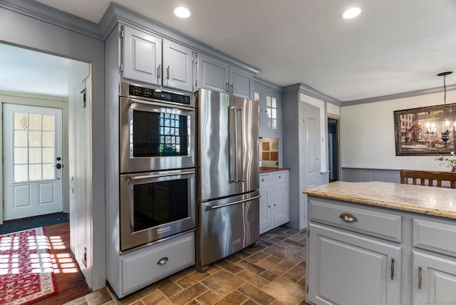 1696 Main St, Glastonbury, CT 06033 - kitchen with gray cabinetry, a healthy amount of sunlight, stainless steel appliances, and ornamental molding
