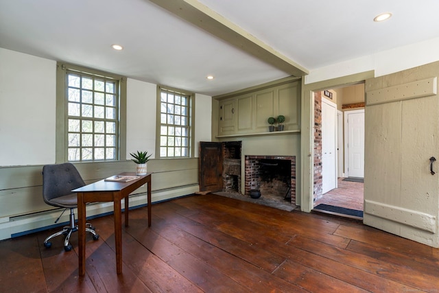 1696 Main St, Glastonbury, CT 06033 - interior space featuring recessed lighting, a brick fireplace, and wood-type flooring