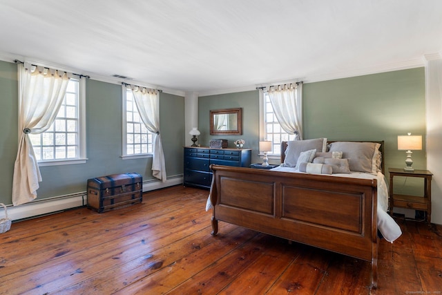 1696 Main St, Glastonbury, CT 06033 - bedroom with ornamental molding, baseboard heating, visible vents, and hardwood / wood-style flooring