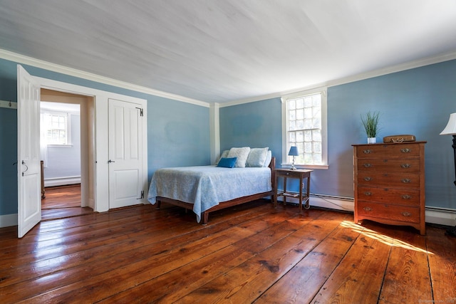 1696 Main St, Glastonbury, CT 06033 - bedroom featuring ornamental molding, hardwood / wood-style floors, a baseboard radiator, and baseboards