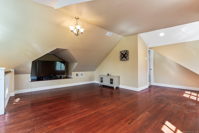 1696 Main St, Glastonbury, CT 06033 - bonus room with hardwood / wood-style floors, a notable chandelier, visible vents, baseboards, and vaulted ceiling