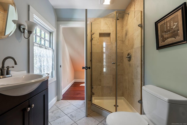 1696 Main St, Glastonbury, CT 06033 - full bathroom with toilet, tile patterned flooring, vanity, and a shower stall