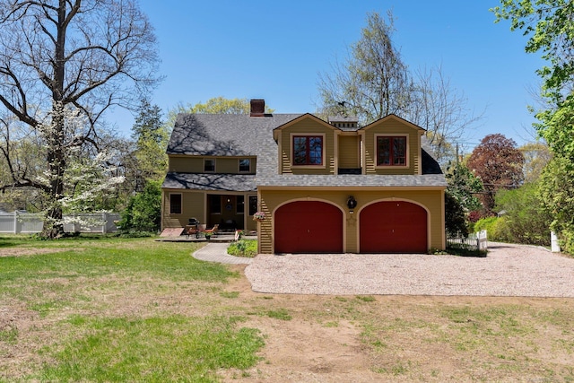 1696 Main St, Glastonbury, CT 06033 - view of front of house featuring a chimney, driveway, fence, roof with shingles, and a front lawn