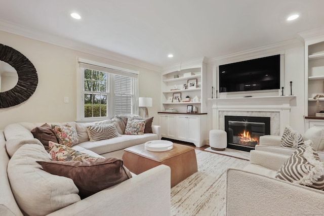 123 Richmond Hill Rd Unit 20, New Canaan, CT 06840 - living room featuring a fireplace, ornamental molding, recessed lighting, wood finished floors, and built in shelves