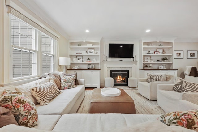 123 Richmond Hill Rd Unit 20, New Canaan, CT 06840 - living area with crown molding, a fireplace, built in shelves, light wood-type flooring, and recessed lighting