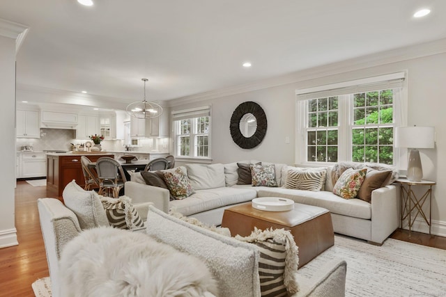 123 Richmond Hill Rd Unit 20, New Canaan, CT 06840 - living room with ornamental molding, light wood-style flooring, a chandelier, and recessed lighting