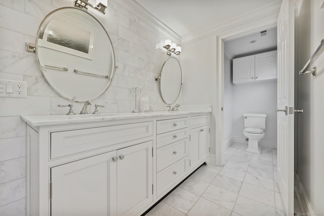 123 Richmond Hill Rd Unit 20, New Canaan, CT 06840 - full bath with marble look tile flooring, ornamental molding, double vanity, and toilet
