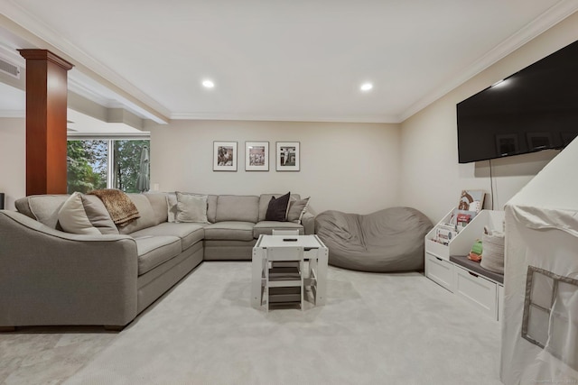 123 Richmond Hill Rd Unit 20, New Canaan, CT 06840 - living room featuring crown molding, recessed lighting, and light colored carpet