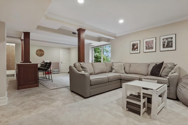 123 Richmond Hill Rd Unit 20, New Canaan, CT 06840 - living area featuring decorative columns, crown molding, recessed lighting, and beamed ceiling