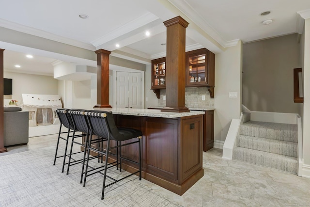 123 Richmond Hill Rd Unit 20, New Canaan, CT 06840 - indoor bar with ornate columns, tasteful backsplash, ornamental molding, recessed lighting, and stairway