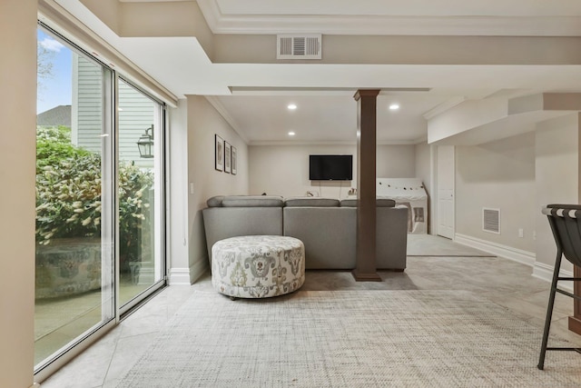 123 Richmond Hill Rd Unit 20, New Canaan, CT 06840 - living area featuring crown molding, baseboards, recessed lighting, ornate columns, and washer / dryer