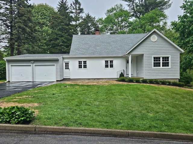 92 Lounsbury Rd, Fairfield, CT 06825 - ranch-style home featuring driveway, a chimney, an attached garage, roof with shingles, and a front lawn