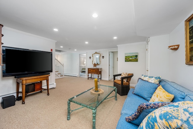 16 Bristol Pl, Wilton, CT 06897 - living room with recessed lighting, stairway, carpet flooring, a baseboard radiator, and ornamental molding