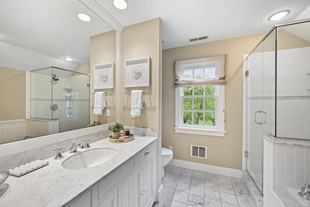 bathroom with baseboards, a stall shower, marble look tiles, vanity, and recessed lighting