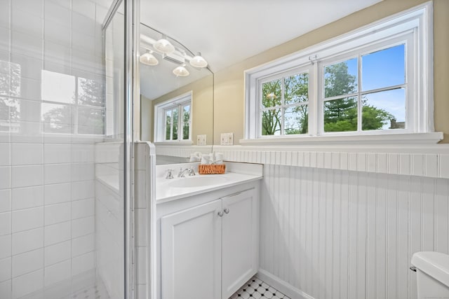 bathroom featuring vanity, a stall shower, and toilet