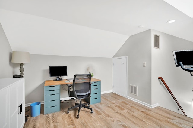 office area with light wood-style floors, lofted ceiling, baseboards, and recessed lighting