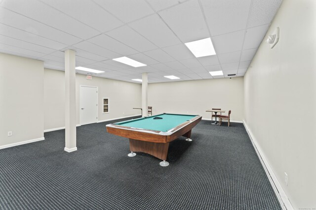 playroom with carpet, a drop ceiling, baseboards, and pool table